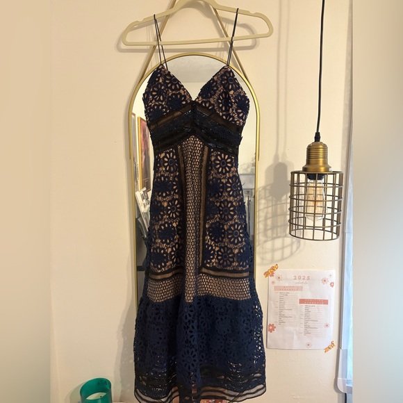 SELF PORTRAIT Navy and Beige Lace Dress - Picture 2 of 4